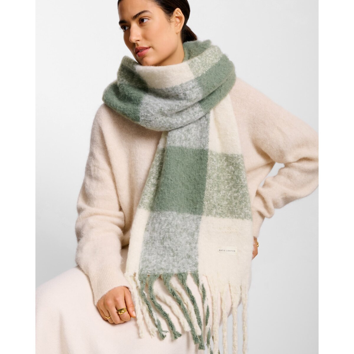 KATIE LOXTON | RECYCLED CHECKED TASSEL SCARF | GRAPHITE GREEN