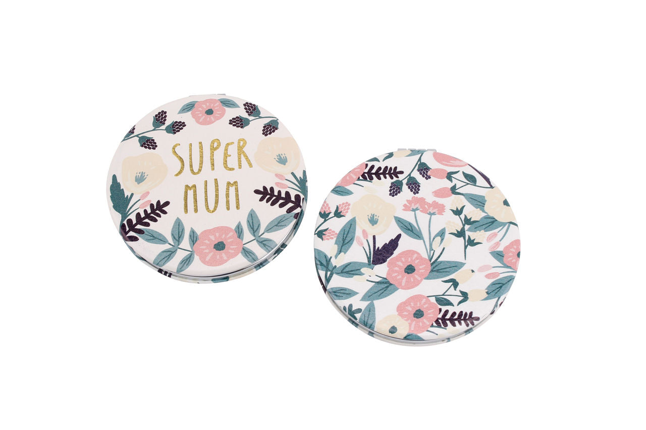 SUPER MUM WHITE FLORAL COMPACT MIRROR IN GIFT BOX