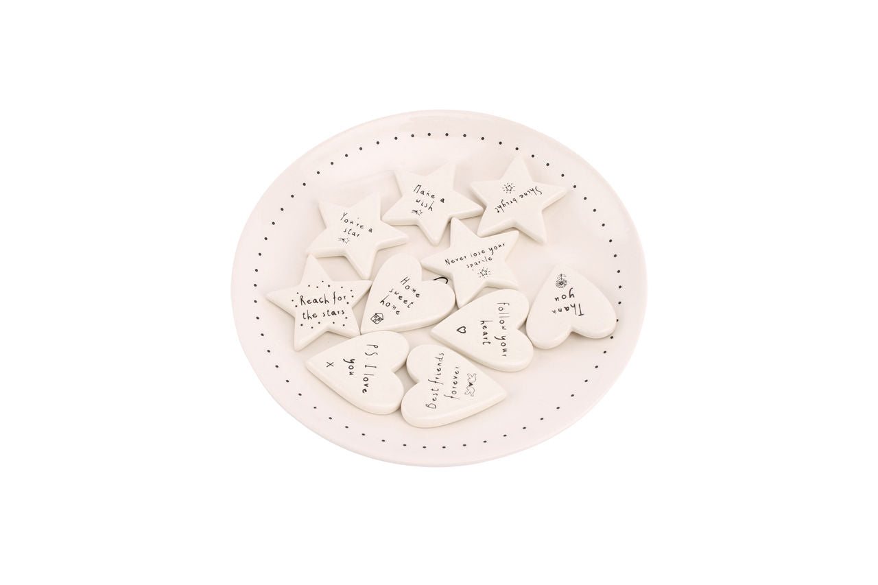 10 ASSORTED HEART AND STAR SHAPE CERAMIC TOKENS PHRASES GIFT