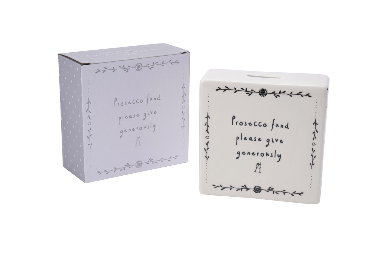 SENT AND MEANT PROSECCO FUND PLEASE GIVE GENEROUSLY CERAMIC MONEY BOX GIFT BOXED